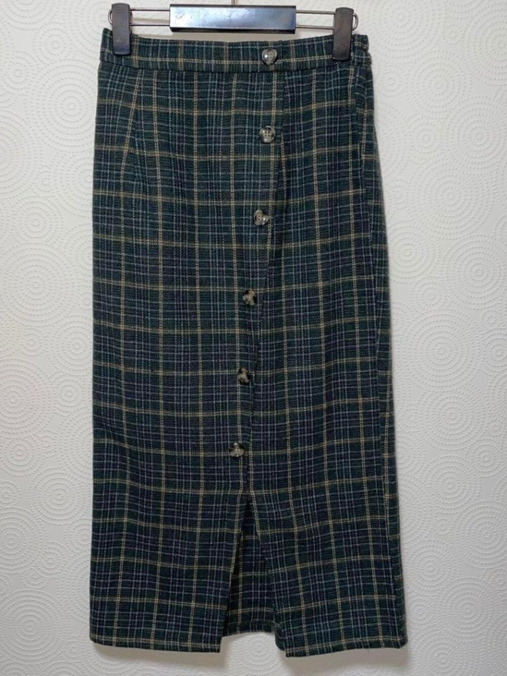 Autu Green Check Button-Front Pencil Skirt Mc